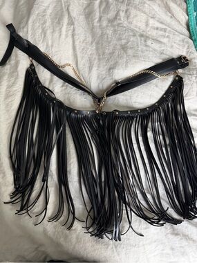Hand Crafted Black Fringe Leather Belt with Gold Chain Accents